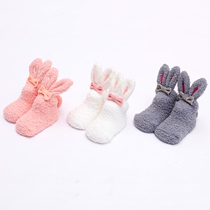 Coral velvet three-dimensional long-eared rabbit Korean autumn and winter childrens socks newborn baby warm socks baby non-slip floor socks