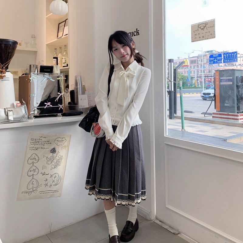Lulu Uniform Museum Long-Sleeved Chiffon Pointed Collar Bow Shirt Top Jk Uniform Polka Dot Pleated Skirt Suit Student