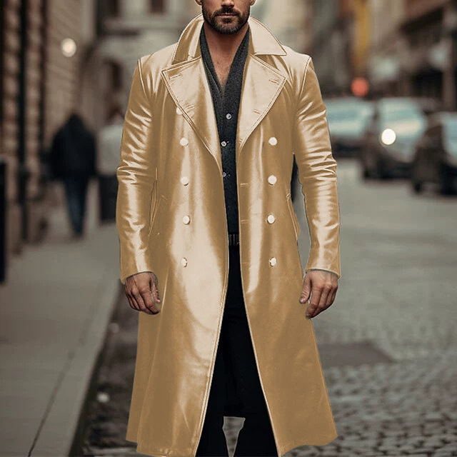 2024 European and American Style Large Size Long Leather Trench Coat for Men, Double-Breasted Performance Leather Jacket, Cos Leather Coat Dff03-特P95