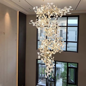 Large Chandelier for Duplex Loft Staircase Lighting, Light Luxury Villa Open-Air Mezzanine Living Room Lobby Sales Office Ginkgo Leaf Lamp