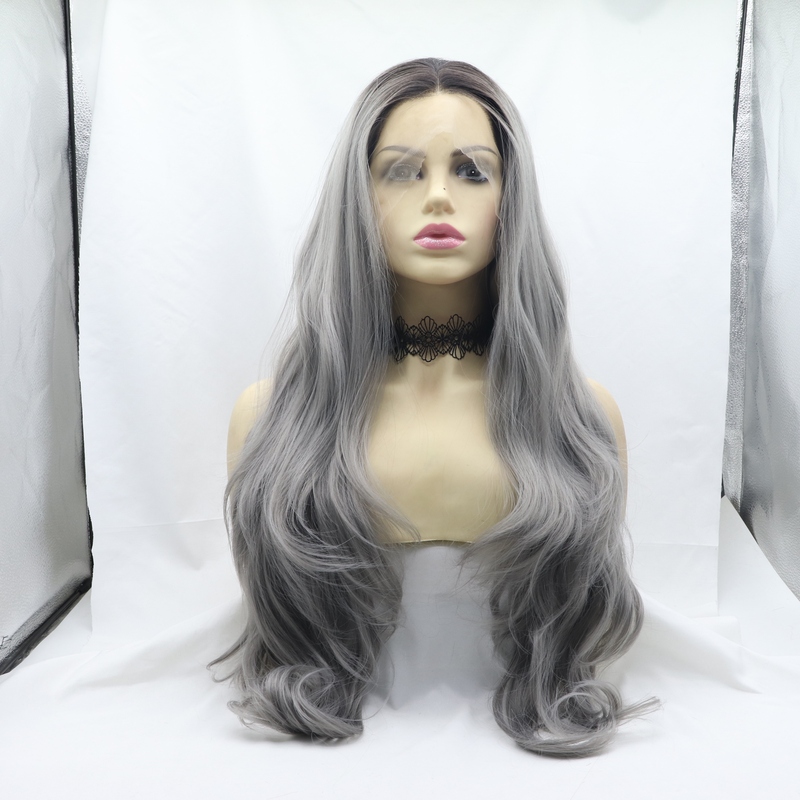 Hand-Crocheted Lace Front Wig for Women, Summer Gradient Gray, Large Wavy Full-Length Curly Hair, High-Temperature Fiber, Personalized Wig