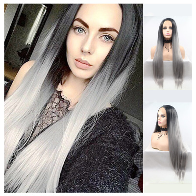 European and American Fashion Synthetic Fiber Front Lace Cosplay Style Two-Tone Gradient Gray Long Straight Hair Wig High-Temperature Fiber Women's Wig