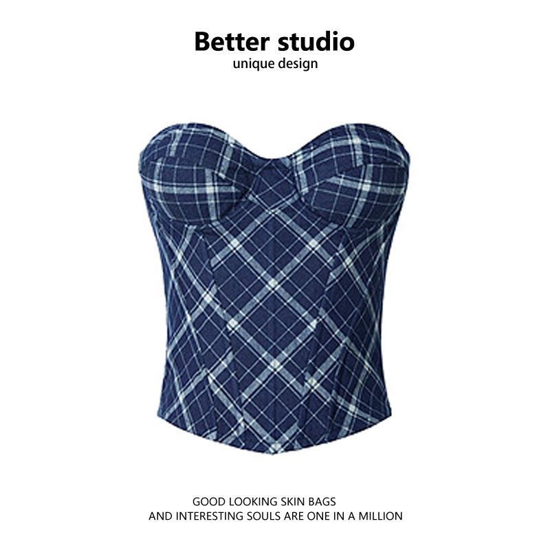 Plaid Denim Tube Top for Women, 2025 Summer New Design, Stylish, Waist-Cinching, Slimming, Versatile Top