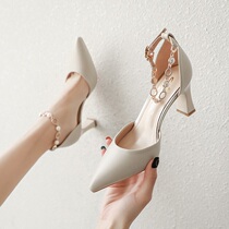 Word button High heel Shoe Girl 2022 New pointed coarse heel single shoe Baotou sandal women Summer middle heel fairy Little code