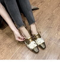Lace side heel low heel Heel Small Leather Shoes Woman Dermis Style Retro Square Head Single Shoe Woman Flat flat Ancient Gooder Shoes