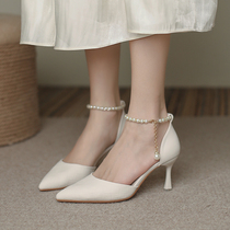 White High heel Shoe woman 2022 New word button Single shoe woman with pointy fine heel sandal women Summer pearl