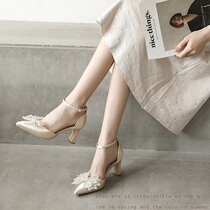 Word Button High Heels Girl 2022 New Water Drill Butterfly Knot Coarse Heel Single Shoes Female Pointed Baotou Sandal Sandals Summer