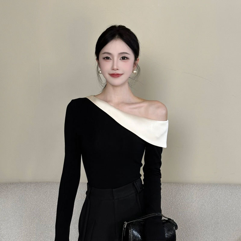 Long-Sleeved Top for Women, Early Autumn Off-Shoulder T-Shirt, Simple and High-End, Can Be Worn Alone, Waist-Cinching, Slimming, Petite Base Shirt 26447 Long-Sleeved Top for Women, Early Autumn Off-Shoulder T-Shirt, Simple and High-End, Can Be Worn Alone, Waist-Cinching, Slimming, Petite Base Shirt 26447