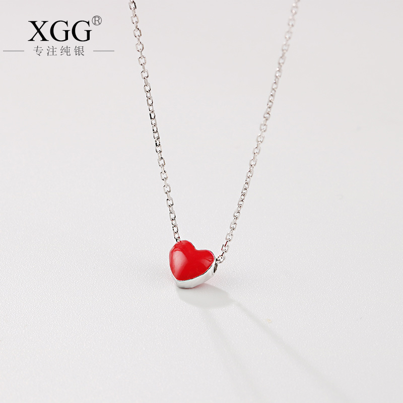 Fresh, sweet and cute little red heart love S925 sterling silver necklace female temperament red peach heart short collarbone chain summer