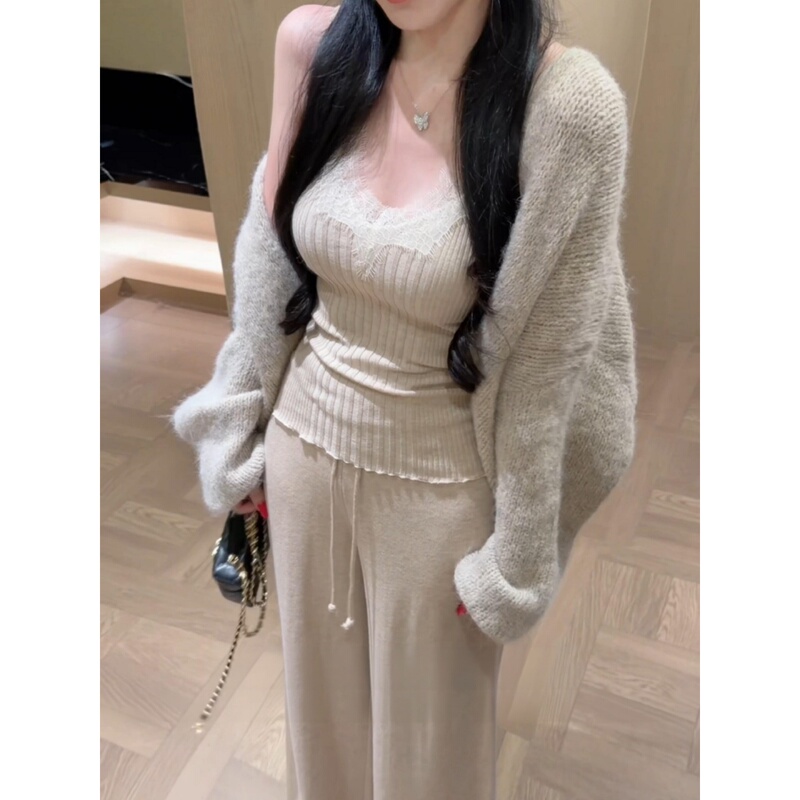 Casual Suit for Women in Autumn, Korean Style, Pure and Lazy Style, Knitted Cardigan Sweater, Inner Top, Long Pants, Three-Piece Set