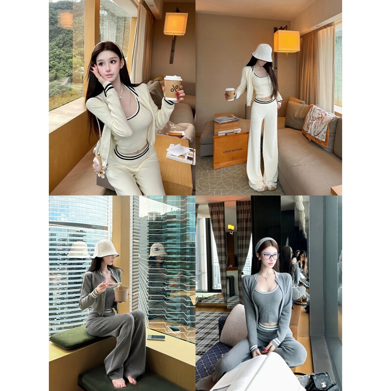 Casual Sports Suit for Women in Early Autumn, Very Stylish Korean-Style Apricot-Colored Knitted Cardigan, Camisole, and Pants Three-Piece Set