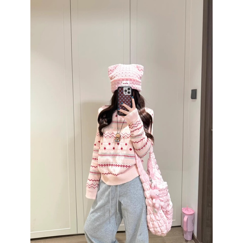 Fair Isle Pink Jacquard Long-Sleeved Knit Sweater for Women, Spring and Autumn, Thickened, Lazy Style, Loose-Fitting Inner Layer Top