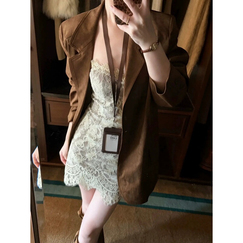 American Retro Brown Lapel Suede Blazer for Women, Autumn Petite Casual Loose-Fitting Stylish Suit Jacket