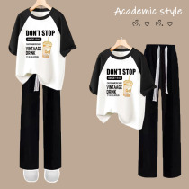 New summer style college style raglan short-sleeved T-shirt for middle and high school girls versatile wide-leg pants two-piece bestie suit