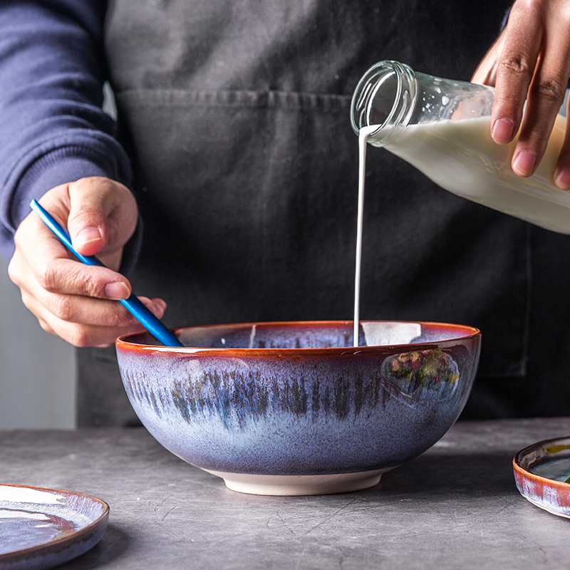 Gradient blue creative 8 inches large bowl of soup bowl bowl of Korean tableware rainbow such as use of household ceramic bowl big salad bowl