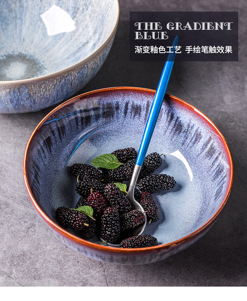Gradient blue creative 8 inches large bowl of soup bowl bowl of Korean tableware rainbow such as use of household ceramic bowl big salad bowl
