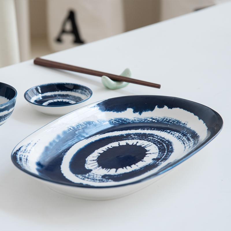 Jian Lin creative Japanese ceramic household food dish steamed fish plate oval fish dish of rectangle blue ink