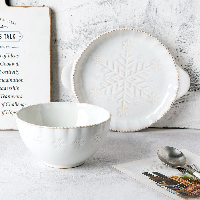 Jian Lin, Nordic household tableware ceramic bowl eating western food steak salad bowl dish, lovely beautiful snowflakes