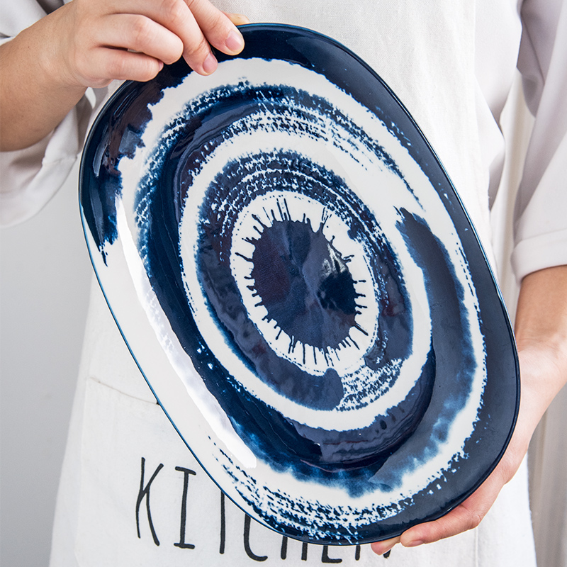 Jian Lin creative Japanese ceramic household food dish steamed fish plate oval fish dish of rectangle blue ink