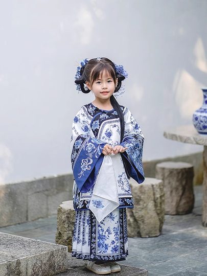 Girls Manchu Chinese Han Dynasty Blue and White Porcelain Qing Dynasty Checkered Skirt Spring and Autumn Qing Han Female Pioneer Grandma Little Princess Skirt