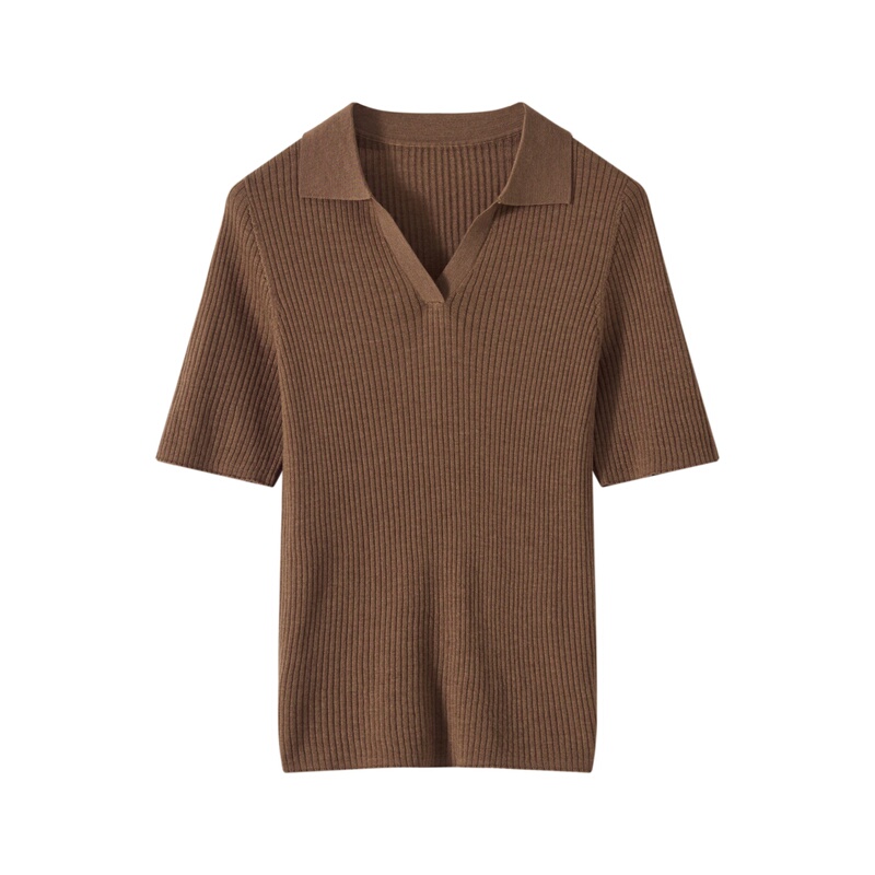 Ribbed Polo Shirt with Raised Shoulders, Yangzi Yarn, 100% Merino Wool, Short-Sleeve Knit Top for Women, Spring/Summer V-Neck T-Shirt