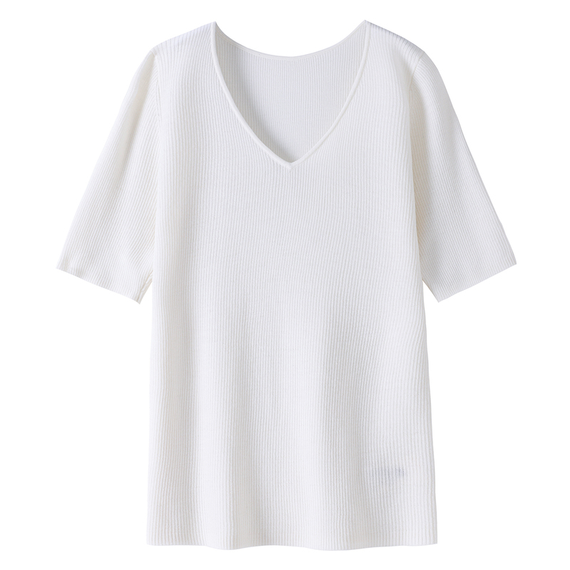 Swan Neck~V-Neck Machine Washable Merino Wool Short-Sleeve Knit T-Shirt for Women, Slim-Fit Ribbed Stretch Top, Thin