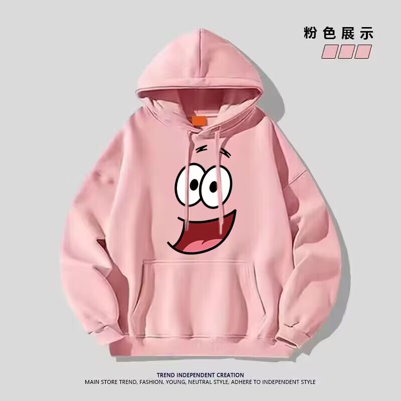 Silver Fox Velvet Korean Style Simple Cartoon Star Print Hooded Sweatshirt Couple Outfit Casual Autumn and Winter Fleece Top for Men
