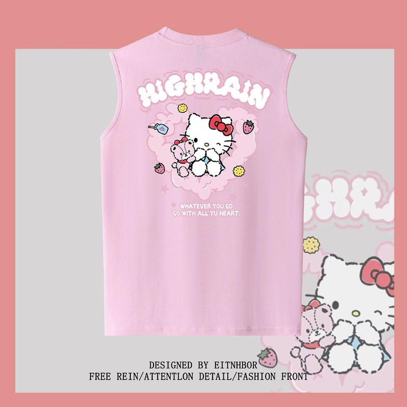 Heavyweight Pure Cotton Japanese-Style Cute Hello Kitty Print Sleeveless Vest Unisex Trendy Brand Ins Summer Versatile Sleeveless T-Shirt