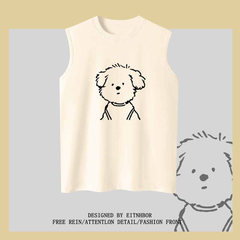 Heavyweight Pure Cotton Summer Korean Style Cartoon Puppy Print Sleeveless T-Shirt for Men and Women ins Trendy Lazy Style Vest