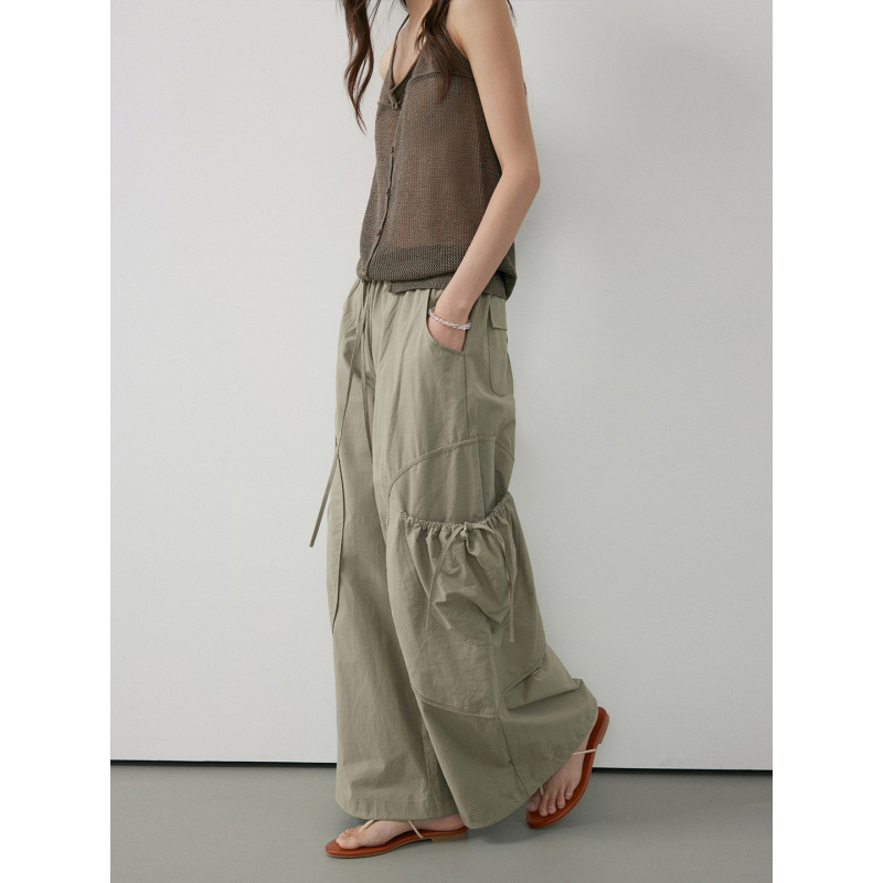 Keara Elastic Waistband Pocket Design Drawstring Jogger Wide-Leg Convertible Cargo Pants Women's Summer Casual Long Pants