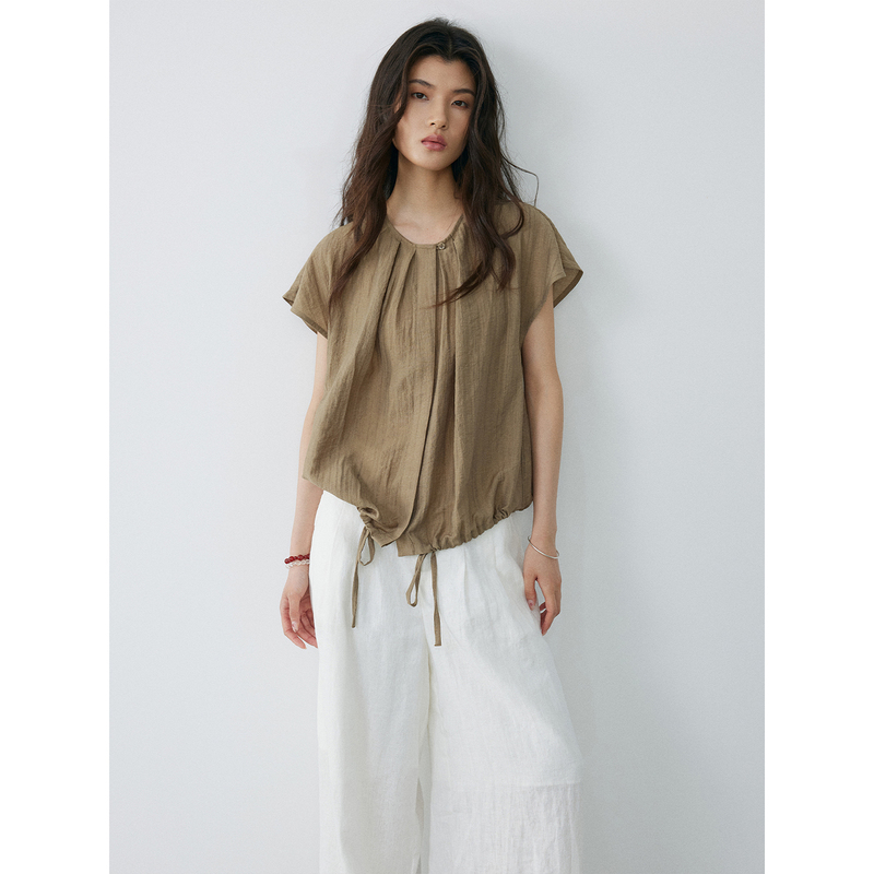 Keara Linen Blend Loose Short-Sleeved Shirt for Women, Summer Relaxed Fit, Drawstring Hem, Pleated Thin Shirt Top