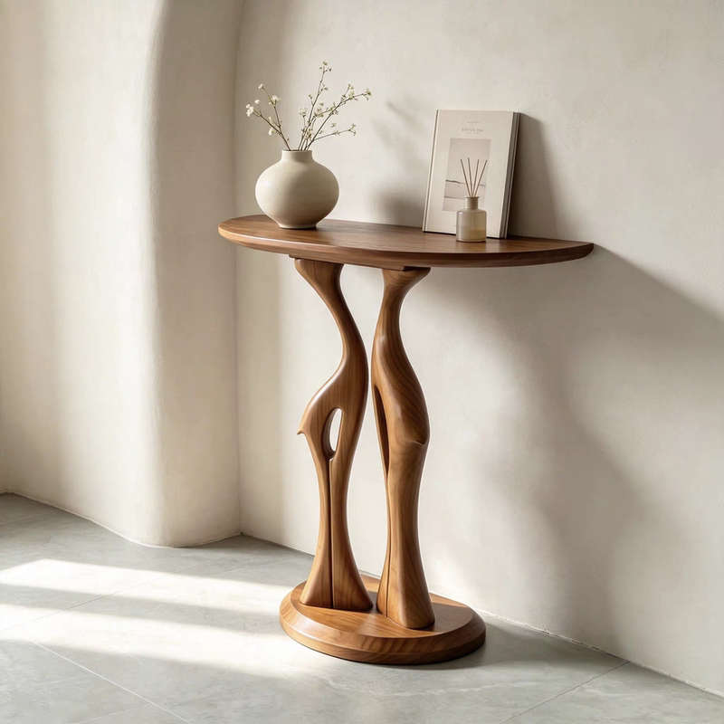 Light Luxury Solid Wood Console Table with Artistic Double Crane Carving, Semi-Circular, for Entryway, Wall-Mounted, Corridor, Hallway, Facing the Foyer, End View Table Light Luxury Solid Wood Console Table with Artistic Double Crane Carving, Semi-Circular, for Entryway, Wall-Mounted, Corridor, Hallway, Facing the Foyer, End View Table