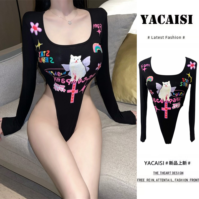 American-Style Sexy Stretchy Tight-Fitting Printed Long-Sleeve T-Shirt for Women, Early Autumn New Design Bodysuit, Hot Girl Base Shirt