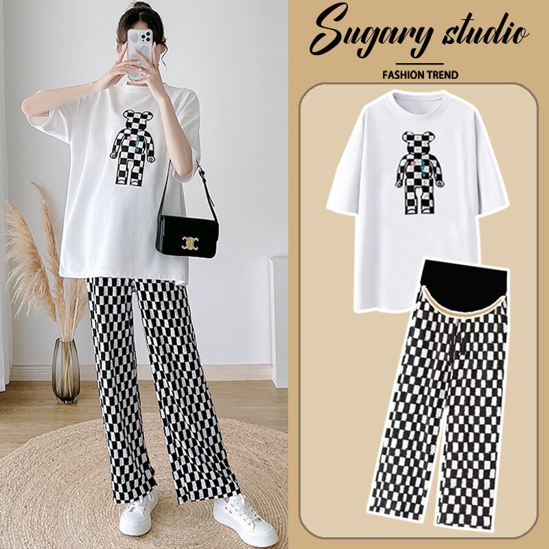 Maternity Summer Outfit Set Trendy Mom Thin T-Shirt Wide-Leg Pants Two-Piece Set Summer Petite Maternity Check-Up Top Women Summer