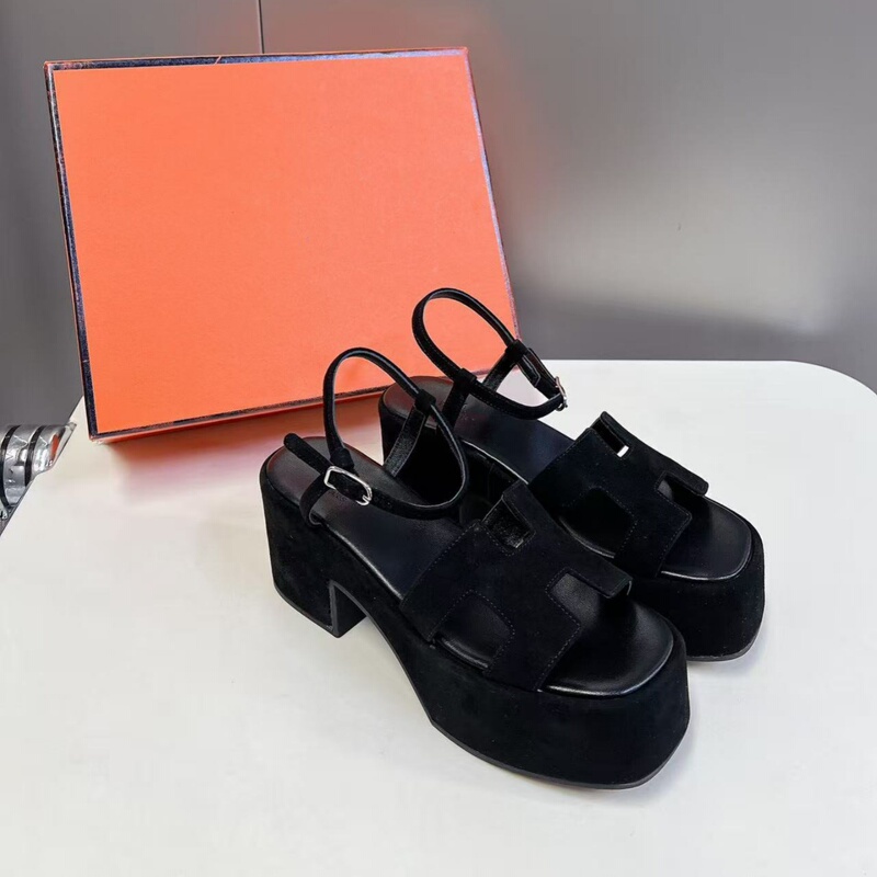 2026 Summer New Style Frosted Suede Waterproof Platform Platform Sandals with Thick Soles, Chunky Heels, High Heels, Open Toe Sandals for Women