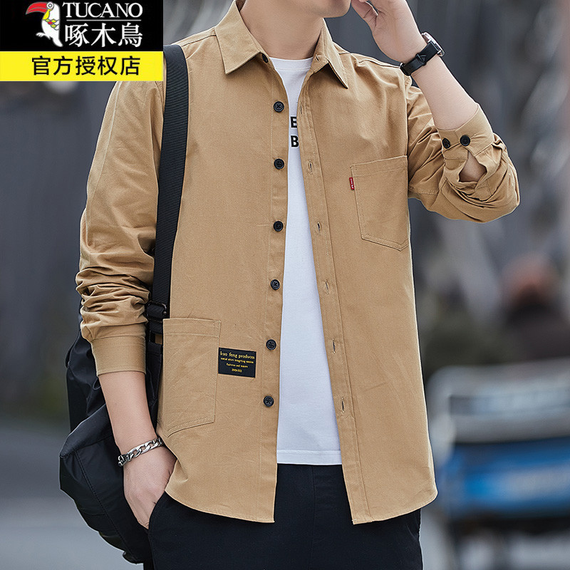 Woodpecker Spring and Autumn Pure Cotton Shirt Men's Long-Sleeved Jacket Work Shirt Young and Middle-Aged Men's Three-Quarter Sleeve Top