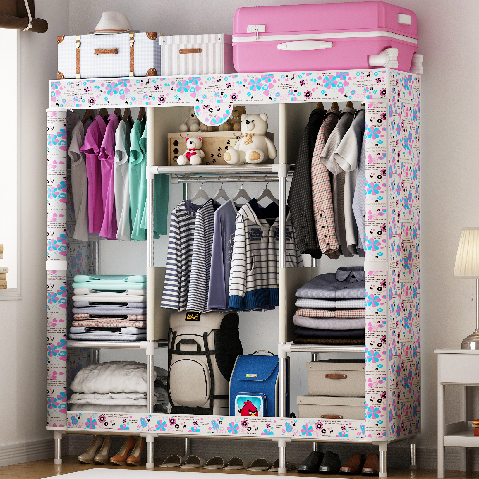 Simple waterproof Oxford cloth wardrobe large steel pipe thickened reinforced double compartment steel frame assembly fabric wardrobe