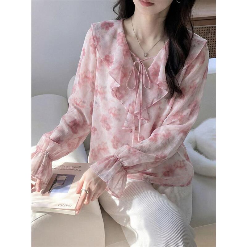 Plus-Size Korean-Style Age-Reducing Ruffled Tie-Up Sun-Protective Shirt for Women, Spring/Summer, for Plus-Size Women, 1.0-150kg Casual Long-Sleeve Top Plus-Size Korean-Style Age-Reducing Ruffled Tie-Up Sun-Protective Shirt for Women, Spring/Summer, for Plus-Size Women, 1.0-150kg Casual Long-Sleeve Top
