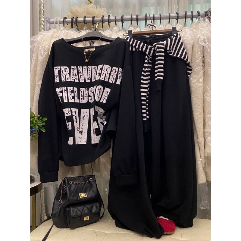 American-Style Fashion Printed Off-Shoulder Sweatshirt + Wide-Leg Pants Set for Women, Spring and Autumn, Plus-Size Casual Two-Piece Set 150kg