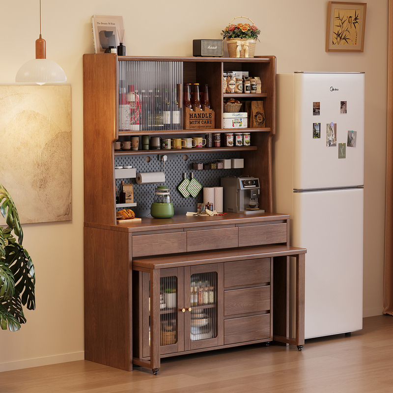 All-Solid Wood Sideboard with Integrated Dining Table, Tall Cabinet, Tea Cabinet, Wall-Mounted, Small Apartment Dining Room Storage, Built-In All-Solid Wood Sideboard with Integrated Dining Table, Tall Cabinet, Tea Cabinet, Wall-Mounted, Small Apartment Dining Room Storage, Built-In