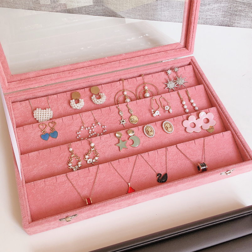 Simple large capacity ring necklace ear needle storage box lattice earring box dustproof transparent jewelry display box