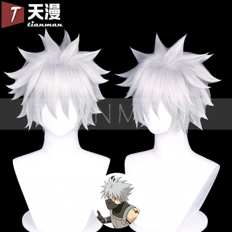 Tianman Naruto Flag Kakashi Cos Wig Soaring Reverse Curled Afro Wig Gray