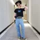 Big Virgin Ripped Denim Quần ống rộng Mùa hè Phong cách Hàn Quốc lỏng lẻo Cô gái nhỏ Quần dài thẳng của trẻ em Thời trang mới - Quần jean