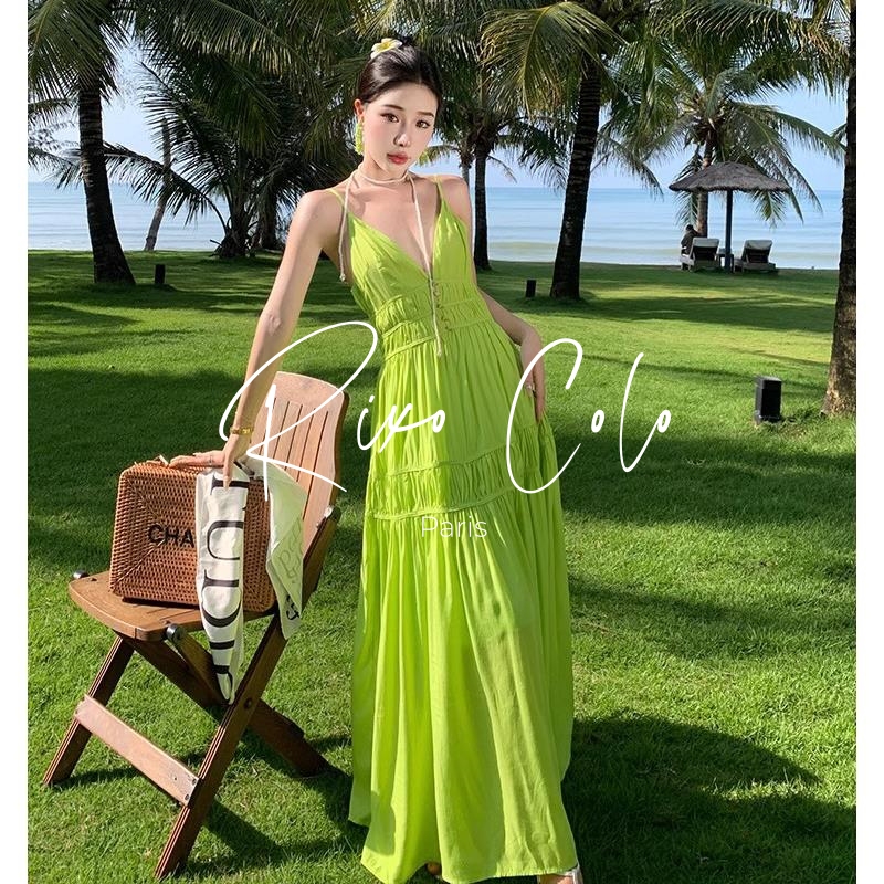 French Rixo Colo Summer Dopamine V-Neck Backless Strap Dress with Textured Pleats and Large Hem for Vacation and Beach Wear