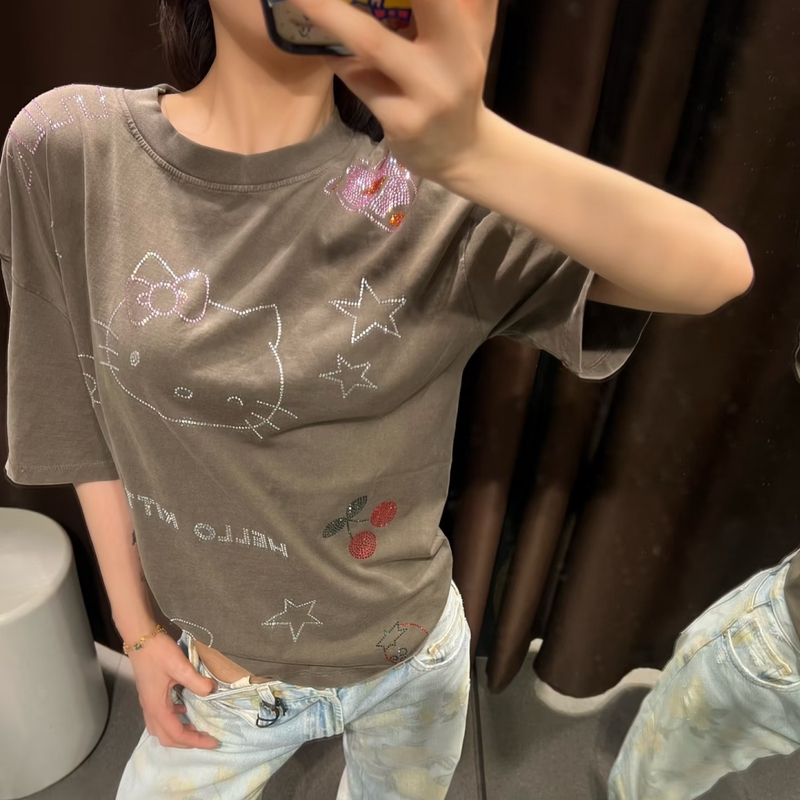 Za Brand Cartoon Cute Style Hello Kitty Rhinestone Short-Sleeve T-Shirt Loose Fit Kitty Cat Top 6050076 Za Brand Cartoon Cute Style Hello Kitty Rhinestone Short-Sleeve T-Shirt Loose Fit Kitty Cat Top 6050076