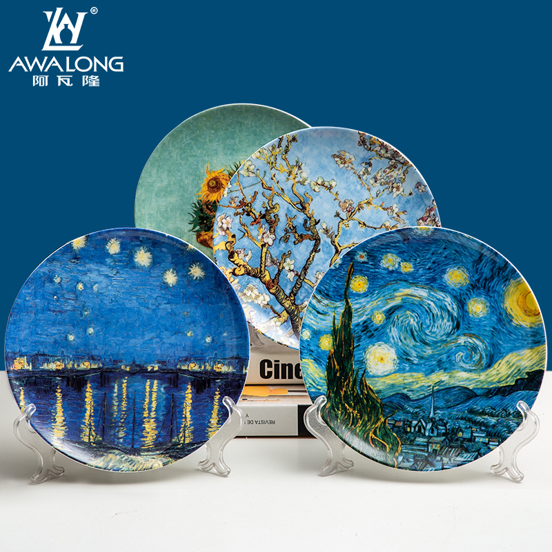 Van Gogh Oil Painting Decorative Plate European-Style Living Room Crafts Display Plate Ceramic Plate Household Tableware Bone China Dinner Plate Western-Style Dinner Plate