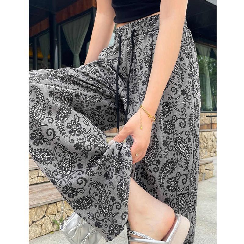 Plus-Size Vintage Print Quick-Dry Straight-Leg Pants for Women, Summer Thin Paisley Narrow-Fit Loose Wide-Leg Walking Trousers