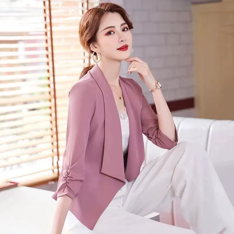 Màu hồng nhỏ phù hợp với áo khoác nữ cảm giác cao về thiết kế cảm giác thích hợp nhỏ giản dị áo khoác mỏng tính khí phù hợp nhỏ - váy đầm