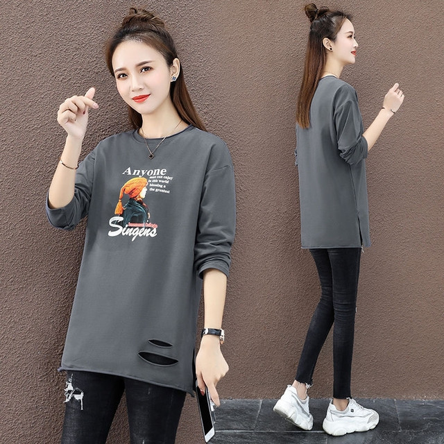 Long-sleeved T-shirt for women 2023 spring and autumn new ins Korean style ripped casual loose mid-length age-reducing style top for women