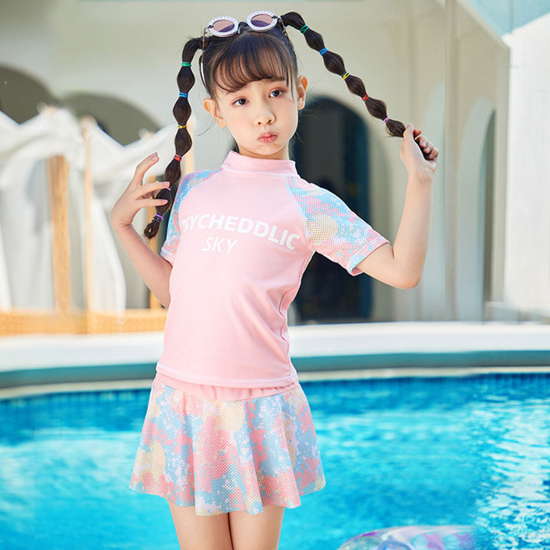 Girls'swimsuit Summer children CUHK children's two style sunscreen skirts swimsuit girls' 12-15-year-old swimsuit